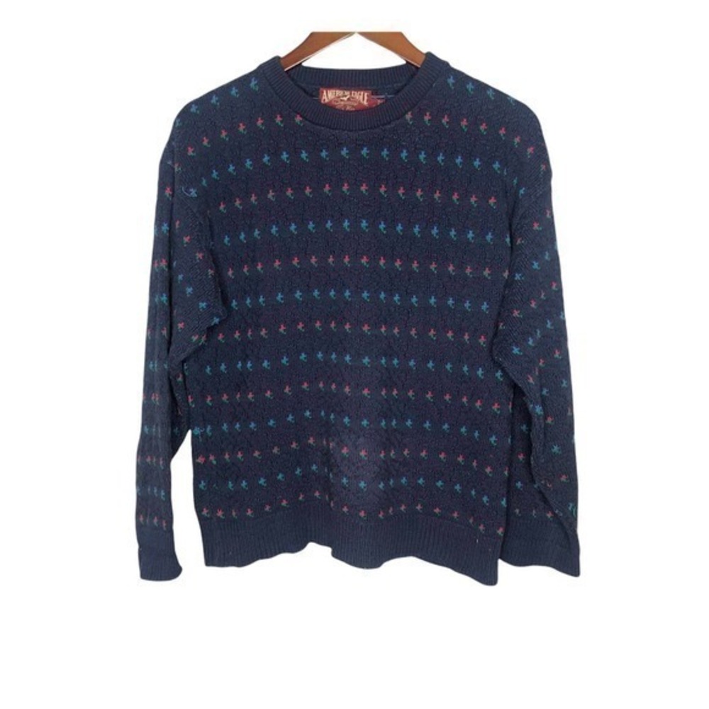 Vintage American eagle women's blue patterned heavy cotton pullover sweater med